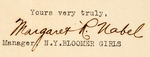 “NEW YORK BLOOMER GIRLS MANAGER MARGARET R. NABEL” SIGNED LETTER WITH ENVELOPE.