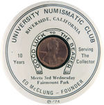THREE MIRRORS AND PIN-BACK WITH ENCASED LINCOLN PENNIES.
