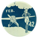 PROBABLE HIGH SCHOOL GRADUATION BUTTON 1942 WITH CARTOON PLANE & LANKY AVIATRIX.