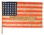 HARRISON 1888 SILK-SCREENED FLAG BANNER WITH HAND-MADE PAPER SEW-ON READING “HARRISON AND MORTON.”