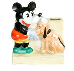 MICKEY MOUSE/PLUTO GLAZED BISQUE TOOTHBRUSH HOLDER.