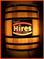 "GENUINE HIRES ROOT BEER" LIGHTED PLASTIC BARREL SIGN.