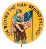 RARE SIZE AND TEXT VARIETY OF CLASSIC “MAN BEHIND THE GUN” BUTTON.