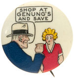 DICK TRACY AND ORPHAN ANNIE RARE CLASSIC AD BUTTON "SHOP AT GENUNG'S..." FROM HAKE'S CPB BOOK.