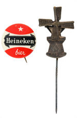 "HEINEKEN" BEER BUTTON AND CLEVER FIGURAL WINDMILL STICKPIN WITH MOVING BLADE.