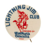 "LIGHTNING JIM CLUB SPONSORED BY WALKER'S BISCUITS LIMITED" RARE CANADIAN CLUB BUTTON.