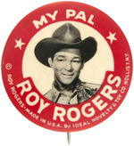 "ROY ROGERS" TWO SCARCE BUTTONS IN TWO SIZES PLUS BUTTON FROM HIS IDEAL DOLL.