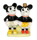 "MICKEY/MINNIE MOUSE" BISQUE TOOTHBRUSH HOLDER WITH PAIR OF LABELS.