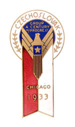 "CZECHOSLOVAK GROUP A CENTURY OF PROGRESS CHICAGO 1933" LARGE ENAMEL BADGE.