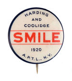 SCARCE HARDING 1920 "SMILE" BUTTON.