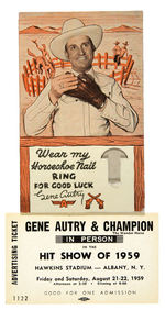 “GENE AUTRY HORSESHOE NAIL RING” ORIGINAL CARD PLUS SHOW TICKET.