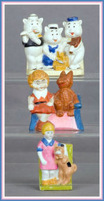 ORPHAN ANNIE  & SANDY/THREE LITTLE PIGS PAINTED BISQUE TOOTHBRUSH HOLDERS.