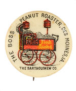 "THE BOSS PEANUT ROASTER" WHEELED VEHICLE ON 1896 BUTTON.