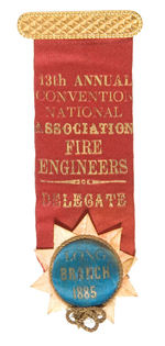 "NATIONAL ASSOCIATION FIRE ENGINEER DELEGATE" RARE EARLY RIBBON BADGE.