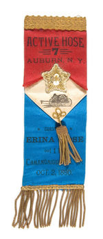 ORNATE 1890 FIRE COMPANY RIBBON BADGE.