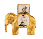 "GOP" MECHANICAL ELEPHANT 1896 PIN WITH JUGATE PHOTOS.