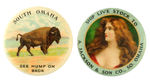 PAIR OF CHOICE COLOR "SOUTH OMAHA" LIVESTOCK BUTTONS FROM HAKE COLLECTION & CPB.