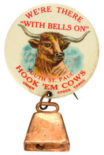 OUTSTANDING LONGHORN STEER 'WITH BELLS ON' STOCKYARD BUTTON FROM HAKE COLLECTION & CPB.