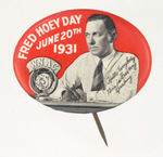 SINGLE DAY BUTTON HONORING FRED HOEY BOSTON RED SOX ANNIOUNCER.