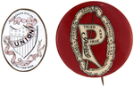 "UNION" PORCELIN OVAL BADGE PLUS 1898 PIERCE ARROW BUTTON.