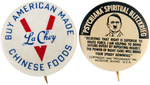 WWII RARE CHINESE FOOD ADVERTISING BUTTON AND VERY STRANGE ANTI-HITLER BUTTON.