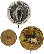 GUN POWDER BUTTON PAIR PLUS ONE FOR 1940 "COON HUNTERS ASSN."