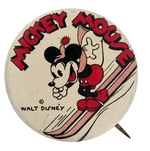 "MICKEY MOUSE" ON SKIS LITHO BUTTON COMPLETE WITH RARE BACK PAPER.