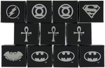 STERLING RINGS FOR FLASH, G. LANTERN, SUPERMAN, SANDMAN, BATMAN GROUP OF SIX PLUS FIVE DUPES.