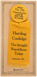 HARDING/COOLIDGE WOMAN'S SUFFRAGE BUTTON AND RIBBON ON RARELY SEEN "SOUVENIR" CARD.