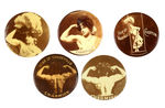 "CHARMION" FIVE REAL PHOTO BUTTONS SHOWING VAUDEVILLE STRONG WOMAN AND TRAPEZE ARTIST.