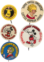 FIVE CLASSIC COMIC CHARACTER BUTTONS INCLUDING TWO FOR MICKEY MOUSE.