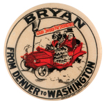 "BRYAN FROM DENVER TO WASHINGTON" CLASSIC 1908 CARTOON BUTTON.