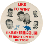 RARE "BENJAMIN HARRIS CO." BUTTON WITH IKE, MAMIE, NIXON, ROCKEFELLER, KENNEDY AND STEVENSON.