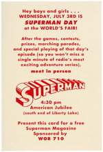"SUPERMAN DAY" 1940 NEW YORK WORLD'S FAIR PROMOTIONAL CARD.