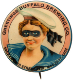 SACRAMENTO STREET FAIR 1902 GORGEOUS COLOR BUTTON WITH MASKED LADY SAILOR &TEXT FOR BREWING COMPANY.