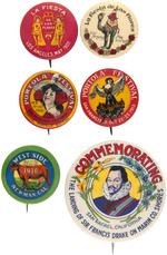 CALIFORNIA SIX EVENT BUTTONS: TWO L.A. FIESTA, TWO S.F. PORTOLA, WEST SIDE FAIR AND SIR F. DRAKE.