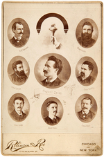 OUTSTANDING HAYMARKET MASSACRE MULTIGATE CABINET PHOTO PICTURING ALL EIGHT DEFENDANTS.