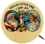 SCARCE SANTA BUTTON WITH HIM TALKING TO A YOUNG GIRL ON A CANDLESTICK TELEPHONE.