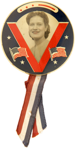 WWII RARE AND GRAPHIC VICTORY PIN WITH UNUSUAL CONSTRUCTION AND WOMAN'S PHOTO.