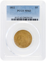 $5 CAPPED BUST TO LEFT HALF EAGLE GOLD 1812 PCGS MS63.