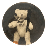 REAL PHOTO BUTTON WITH TEDDY BEAR HOLDING ROOSEVELT INSPIRED BIG STICK.