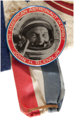 JOHN GLENN RARE PENNANT WITH CARDBOARD PORTRAIT PLUS PINNED ON BUTTON.