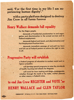 HENRY WALLACE "JIM CROW MUST GO!" EARLY CIVIL RIGHTS FOLDED FLIER AND PAIR OF CAMPAIGN BUTTONS.