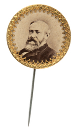 HARRISON 1888 UNLISTED GIANT SIZE REAL PHOTO CARDBOARD STICKPIN WITH FILIGREE BORDER.