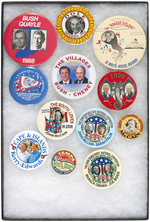 12 GRAPHIC BUTTONS FROM 1988-2008 INCLUDING CARTOON GORE/LIEBERMAN JUGATE RARITY.