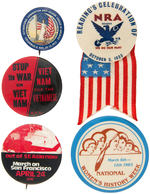 ANTI SALOON 1913 BUTTON, PLUS NRA, TWO VIETNAM, WOMEN'S HISTORY WEEK.