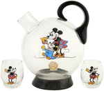 MICKEY & MINNIE MOUSE DECORATIVE GLASS DECANTER & GLASSES SET.