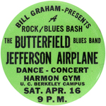 "BILL GRAHAM ROCK/BLUES BASH" SCARCE JEFFERSON AIRPLANE CONCERT BUTTON (COLOR VARIETY).