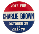 CHARLIE BROWN THREE SCARCE PEANUTS TV SHOW PROMOTIONAL BUTTONS.