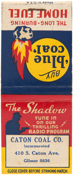 THE SHADOW COMPLETE "BLUE COAL" ADVERTISING MATCHBOOK.